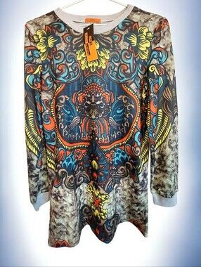 DNS Asian Foo Dog Graphic Tunic Top Crew Neck Long Sleeve